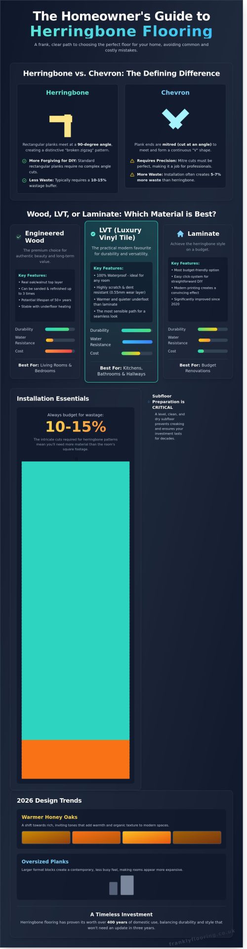 Herringbone Flooring: A Frank Guide to Styles, Materials, and Fitting in 2026 - Infographic